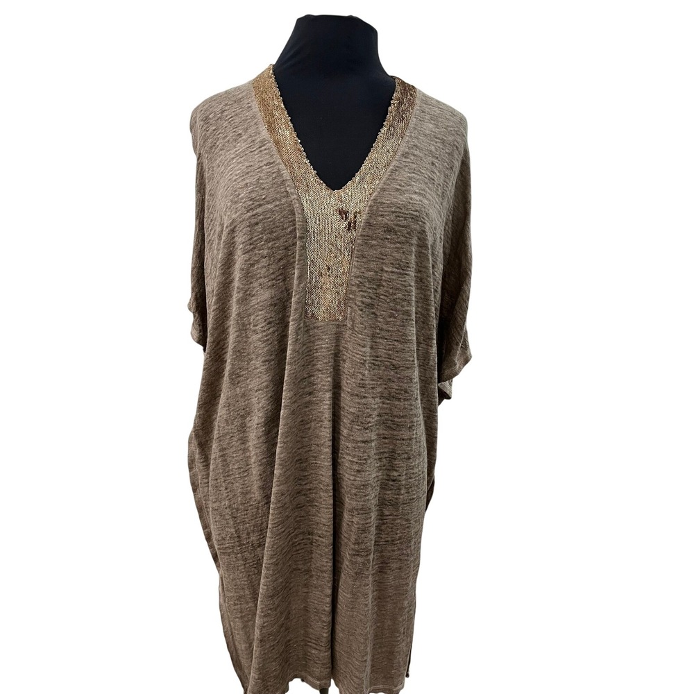 Not Shy Women Brown Linen Sequin V-Neck Kaftan Dress Oversized S/M 3205104